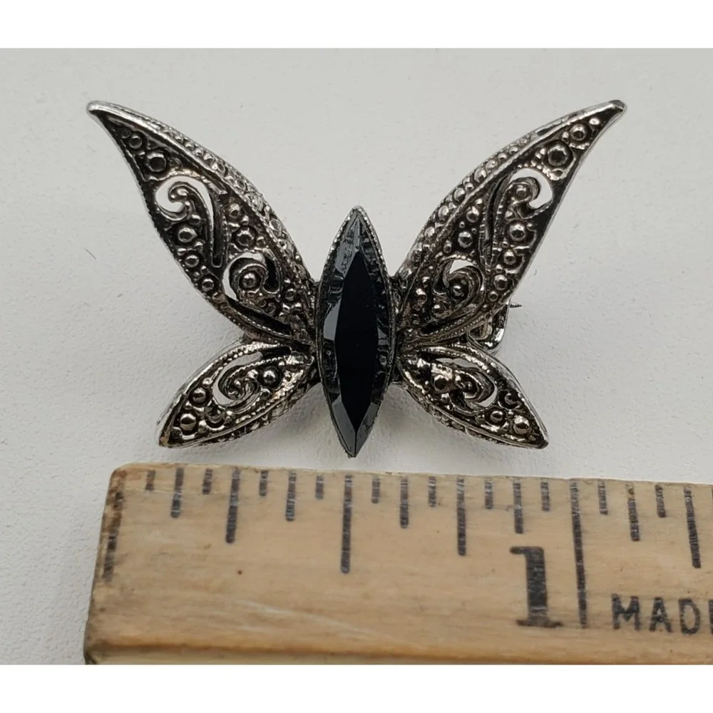 Vtg Filegree Butterfly Brooch Silver-Tone Black Rhinestone Pin